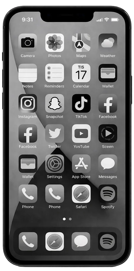 An iPhone home screen rendered entirely in grayscale